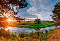 Fototapeta174 x 120  Summer panorama with river and pine, 174 x 120 cm