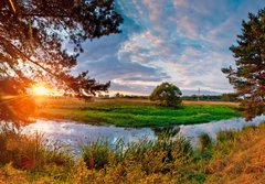 Fototapeta184 x 128  Summer panorama with river and pine, 184 x 128 cm