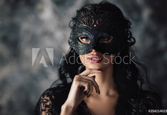 Fototapeta vliesov 145 x 100, 254214025 - portrait of sexy beautiful woman in lace black erotic lingerie and carnival mask on dark background