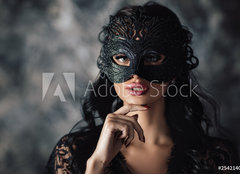 Fototapeta pltno 160 x 116, 254214025 - portrait of sexy beautiful woman in lace black erotic lingerie and carnival mask on dark background