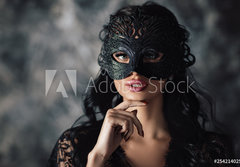 Fototapeta papr 184 x 128, 254214025 - portrait of sexy beautiful woman in lace black erotic lingerie and carnival mask on dark background