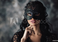 Fototapeta vliesov 200 x 144, 254214025 - portrait of sexy beautiful woman in lace black erotic lingerie and carnival mask on dark background