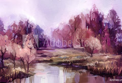 Samolepka fólie 145 x 100, 257481152 - Oil painting colorful autumn trees. Vintage paint color image of landscape, forest with yellow, red leaf and lake. Autumn, Fall season nature background. Hand Painted Impressionist, outdoor landscape - Olejomalba barevné podzimní stromy. Vintage barevný obraz krajiny, lesa se žlutými, červenými listy a jezerem. Podzim, podzim sezóna přírodní pozadí. Ručně malovaný impresionista, venkovní krajina