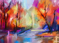 Samolepka flie 100 x 73, 257481491 - Oil painting colorful autumn trees. Semi abstract image of forest, landscapes with yellow - Olejomalba barevn podzimn stromy. Semi abstraktn obraz lesa, krajiny se lutou