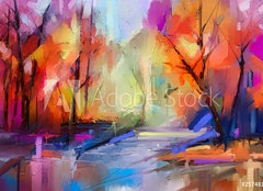 Fototapeta papír 160 x 116, 257481491 - Oil painting colorful autumn trees. Semi abstract image of forest, landscapes with yellow - Olejomalba barevné podzimní stromy. Semi abstraktní obraz lesa, krajiny se žlutou