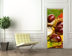 Samolepka na dvee flie 90 x 220  Composition of autumn chestnuts and leaves, 90 x 220 cm