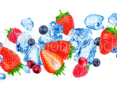 Fototapeta pltno 330 x 244, 260822852 - Flying pieces of crushed ice and wild berries isolated on white background with clipping path