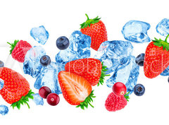 Fototapeta papr 360 x 266, 260822852 - Flying pieces of crushed ice and wild berries isolated on white background with clipping path