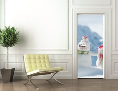 Samolepka na dvee flie 90 x 220  Happy snowmans in mountain, 90 x 220 cm