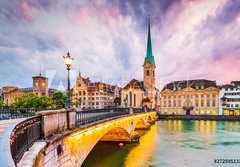 Fototapeta184 x 128  Zurich, Switzerland. View of the historic city center with famous Fraumunster Church, 184 x 128 cm