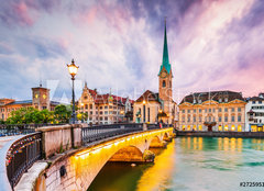 Fototapeta254 x 184  Zurich, Switzerland. View of the historic city center with famous Fraumunster Church, 254 x 184 cm