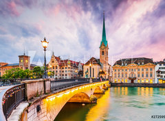 Fototapeta330 x 244  Zurich, Switzerland. View of the historic city center with famous Fraumunster Church, 330 x 244 cm