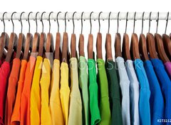 Fototapeta100 x 73  Rainbow colors, clothes on wooden hangers, 100 x 73 cm