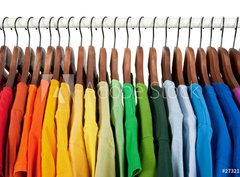 Fototapeta pltno 330 x 244, 27321246 - Rainbow colors, clothes on wooden hangers