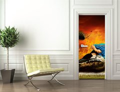 Samolepka na dvee flie 90 x 220  Football player in fires flame on the outdoors field, 90 x 220 cm