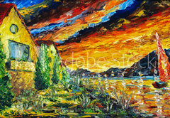 Fototapeta pltno 174 x 120, 277362459 - Impressionism oil painting landscape paint art Red sea ship, scarlet sails, sunset over mountains, yellow