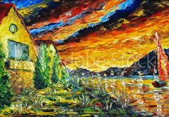 Fototapeta papr 184 x 128, 277362459 - Impressionism oil painting landscape paint art Red sea ship, scarlet sails, sunset over mountains, yellow