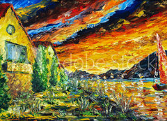 Samolepka flie 200 x 144, 277362459 - Impressionism oil painting landscape paint art Red sea ship, scarlet sails, sunset over mountains, yellow