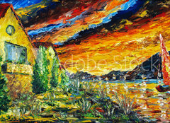 Fototapeta pltno 240 x 174, 277362459 - Impressionism oil painting landscape paint art Red sea ship, scarlet sails, sunset over mountains, yellow