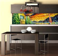 Fototapeta do kuchyn flie 260 x 60, 277362459 - Impressionism oil painting landscape paint art Red sea ship, scarlet sails, sunset over mountains, yellow