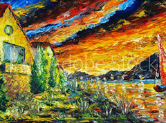 Fototapeta pltno 330 x 244, 277362459 - Impressionism oil painting landscape paint art Red sea ship, scarlet sails, sunset over mountains, yellow