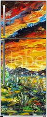 Samolepka na lednici flie 80 x 200, 277362459 - Impressionism oil painting landscape paint art Red sea ship, scarlet sails, sunset over mountains, yellow