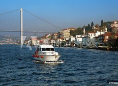 Samolepka flie 100 x 73, 27806686 - Boat, Bridge over Bosporus and Houses at the coast in Istanbul - Lo, most pes Bospor a domy na pobe v Istanbulu