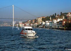 Fototapeta160 x 116  Boat, Bridge over Bosporus and Houses at the coast in Istanbul, 160 x 116 cm