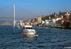 Fototapeta pltno 174 x 120, 27806686 - Boat, Bridge over Bosporus and Houses at the coast in Istanbul