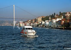 Fototapeta papr 184 x 128, 27806686 - Boat, Bridge over Bosporus and Houses at the coast in Istanbul