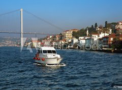 Fototapeta vliesov 270 x 200, 27806686 - Boat, Bridge over Bosporus and Houses at the coast in Istanbul
