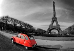 Fototapeta145 x 100  Tour Eiffel et voiture rouge Paris, 145 x 100 cm