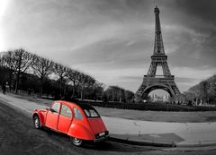 Fototapeta200 x 144  Tour Eiffel et voiture rouge Paris, 200 x 144 cm