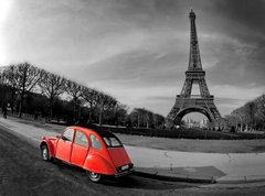 Samolepka flie 270 x 200, 28112143 - Tour Eiffel et voiture rouge- Paris - Prohldka Eiffel et voiture rouge