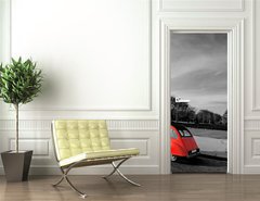 Samolepka na dveře fólie 90 x 220, 28112143 - Tour Eiffel et voiture rouge- Paris - Prohlídka Eiffel et voiture rouge
