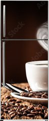 Samolepka na lednici flie 80 x 200, 286399259 - White Cup Of Hot Coffee With Heart Shaped Steam On Old Weathered Table With Burlap Sack And Beans
