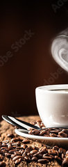 Samolepka na dvee flie 90 x 220, 286399259 - White Cup Of Hot Coffee With Heart Shaped Steam On Old Weathered Table With Burlap Sack And Beans