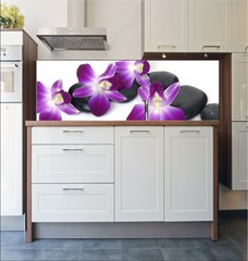 Fototapeta do kuchyn flie 180 x 60  Spa essentials orchid with pyramid of stones, 180 x 60 cm