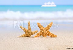 Samolepka flie 145 x 100  two starfish on beach, blue sea and white boat, 145 x 100 cm
