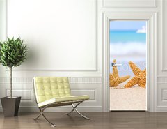 Samolepka na dvee flie 90 x 220, 28897412 - two starfish on beach, blue sea and white boat