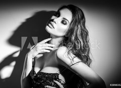 Fototapeta papr 160 x 116, 289833288 - Sexy Young Woman black and white portrait. Seductive young woman in lingerie in darkness. Glamour lady with long hair posing in spotlight. Gorgeous seductive model girl with long hair b