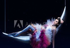 Samolepka flie 145 x 100  Beauty brunette lying on the crescent moon, 145 x 100 cm