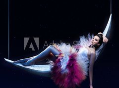 Samolepka flie 270 x 200  Beauty brunette lying on the crescent moon, 270 x 200 cm