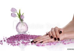 Fototapeta vliesov 145 x 100, 29403820 - Dark mancure, spa stones and lilac vase with tulips