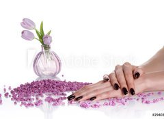 Fototapeta160 x 116  Dark mancure, spa stones and lilac vase with tulips, 160 x 116 cm
