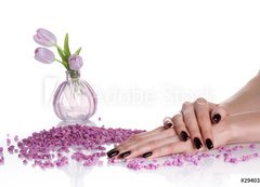 Fototapeta vliesov 200 x 144, 29403820 - Dark mancure, spa stones and lilac vase with tulips