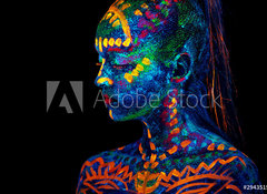 Samolepka fólie 100 x 73, 294351588 - UV body art painting of helloween female african warrior - UV body art malování helloweenské ženy afrického válečníka