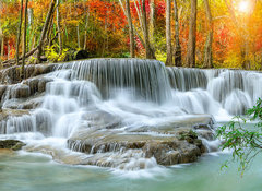 Samolepka flie 100 x 73, 296784817 - Colorful majestic waterfall in national park forest during autumn, panorama