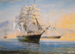 Fototapeta160 x 116  Sailing ships in bay, oil painting on canvas, 160 x 116 cm