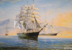 Fototapeta174 x 120  Sailing ships in bay, oil painting on canvas, 174 x 120 cm